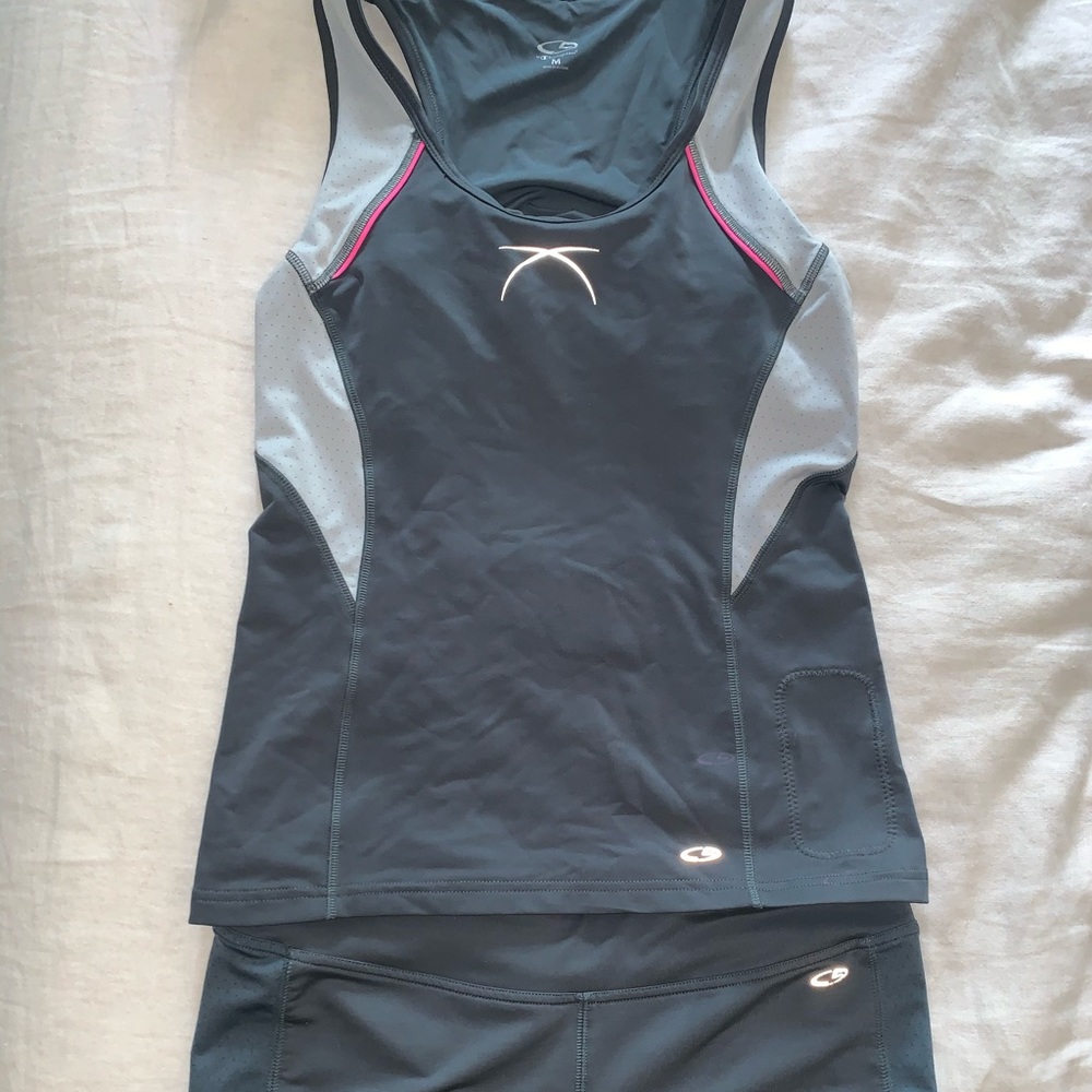Gray racer back sports tank and running shorts